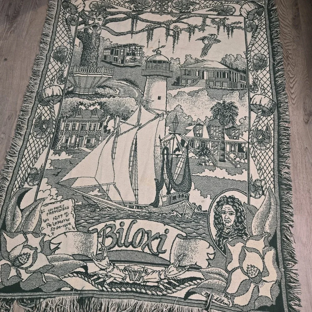 vtg Biloxi Mississippi woven Souvenir Throw Blanket Tapestry 46x60